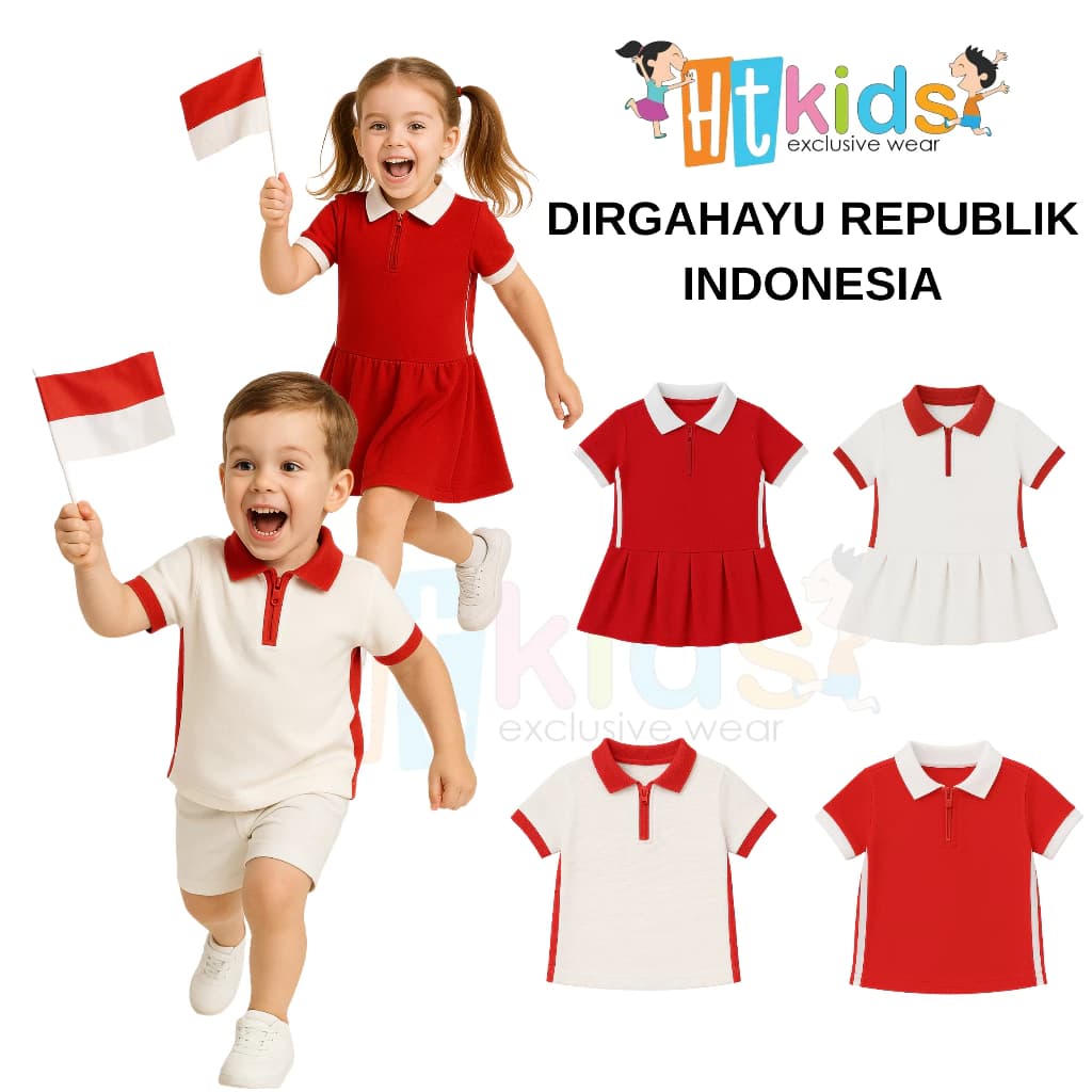 HTKIDS Baju Anak Couple Tema 17 Agustus Special Dirgahyu Indonesia Merah Putih KS23 1 - 6 Tahun