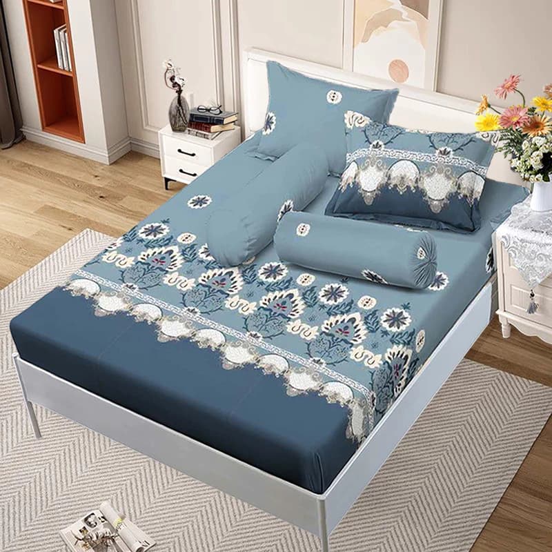 Sprei King Queen Set 2 Sarung Bantal 2 Sarung Guling Bahan Katun Poliester Full Karet Anti Slip Ukuran 180x200x25 Lembut Adem Nyaman di Kulit